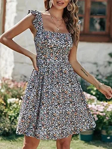 2025 New Style Women's Summer Sweet Quilted Ruffle Edge Square Collar Beach Dress Beach Vacation Dresses