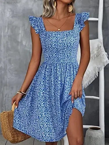 2025 New Style Women's Summer Sweet Quilted Ruffle Edge Square Collar Beach Dress Beach Vacation Dresses