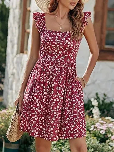 2025 New Style Women's Summer Sweet Quilted Ruffle Edge Square Collar Beach Dress Beach Vacation Dresses