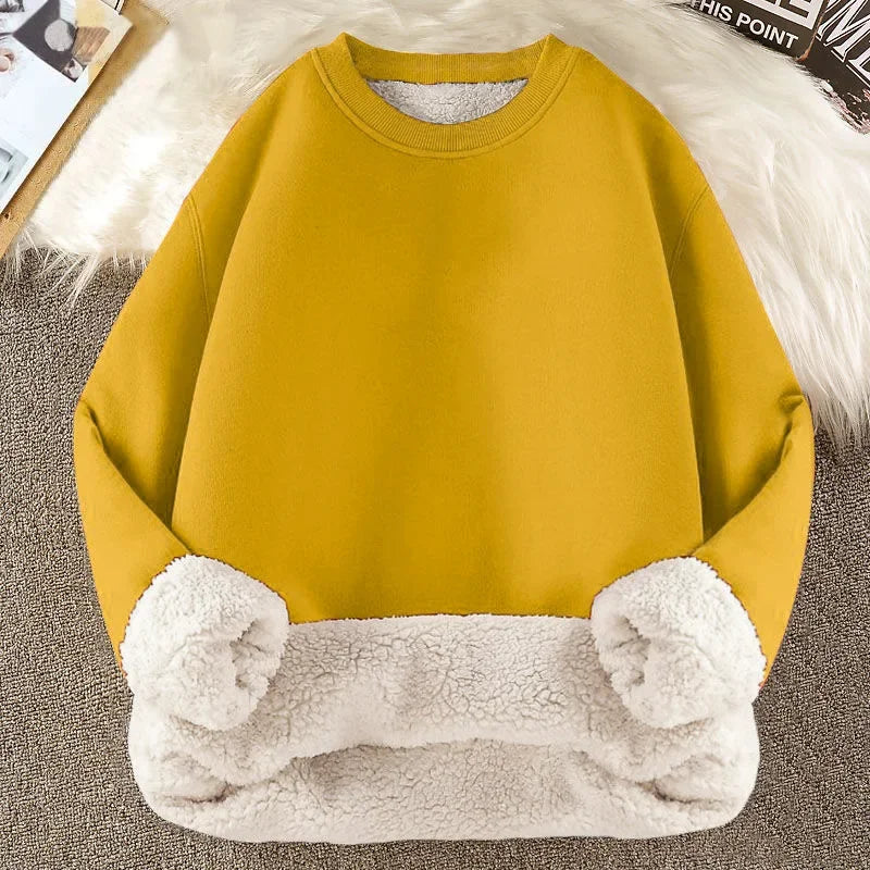 Autumn Winter Men Loose Casual Round Neck T-shirt Sheep Velvet Long Sleeve Shirt Trendy Urban Style Men domi