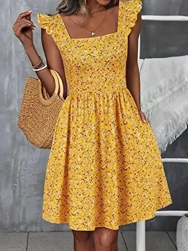 2025 New Style Women's Summer Sweet Quilted Ruffle Edge Square Collar Beach Dress Beach Vacation Dresses