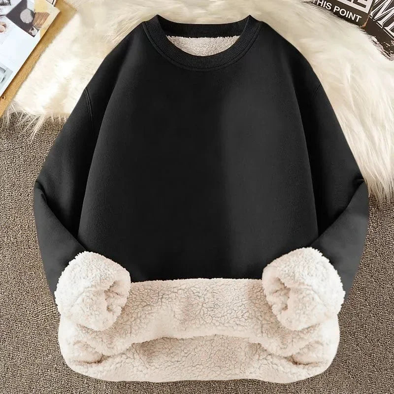Autumn Winter Men Loose Casual Round Neck T-shirt Sheep Velvet Long Sleeve Shirt Trendy Urban Style Men domi