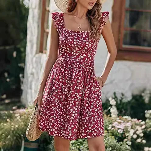 2025 New Style Women's Summer Sweet Quilted Ruffle Edge Square Collar Beach Dress Beach Vacation Dresses