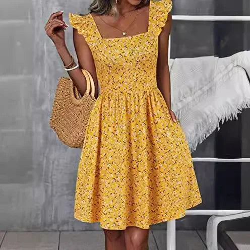 2025 New Style Women's Summer Sweet Quilted Ruffle Edge Square Collar Beach Dress Beach Vacation Dresses