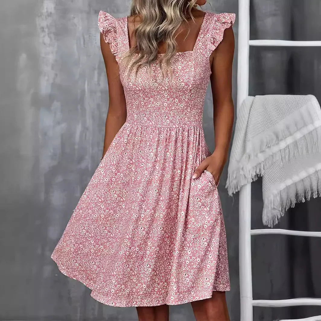 2025 New Style Women's Summer Sweet Quilted Ruffle Edge Square Collar Beach Dress Beach Vacation Dresses