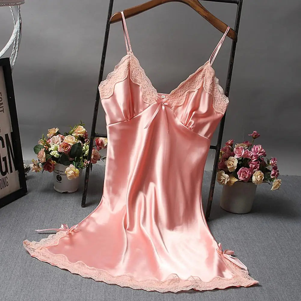 Women Nightdress Solid Color Satin V Neck Spaghetti Strap Backless Sleeveless Lace Patchwork Women Night Robe Women Garment freo