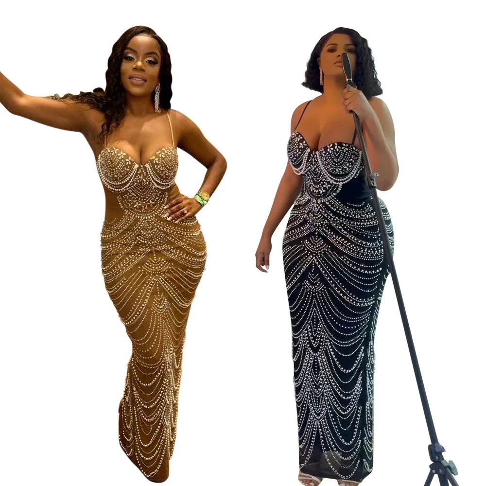 New Luxury Sparkly Crystal Rhinestone Pearl Celebrities Gown Brown Dress Woman Strap Evening Party fsil