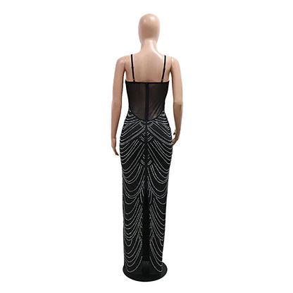 New Luxury Sparkly Crystal Rhinestone Pearl Celebrities Gown Brown Dress Woman Strap Evening Party fsil
