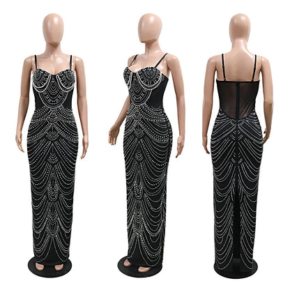 New Luxury Sparkly Crystal Rhinestone Pearl Celebrities Gown Brown Dress Woman Strap Evening Party fsil