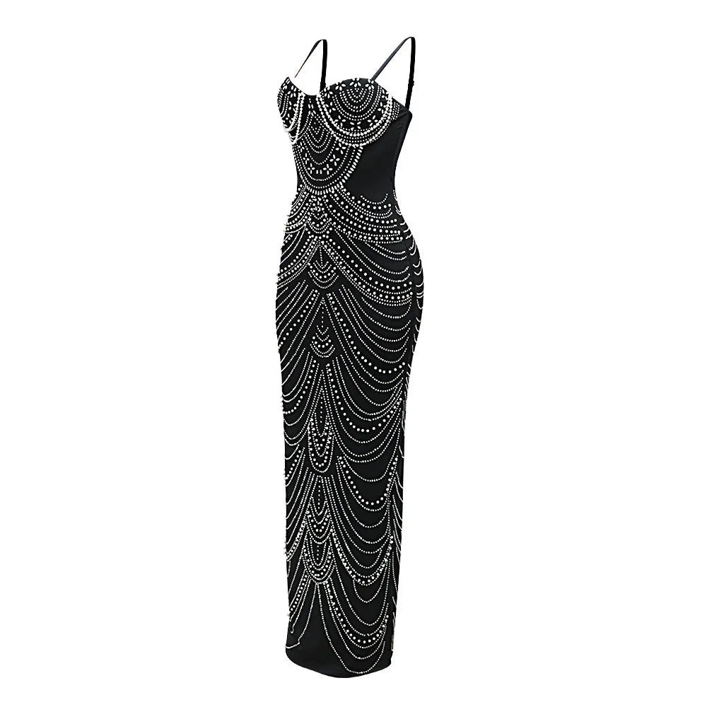New Luxury Sparkly Crystal Rhinestone Pearl Celebrities Gown Brown Dress Woman Strap Evening Party fsil