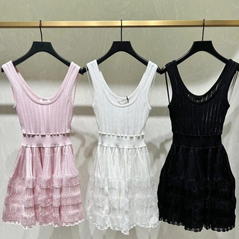 French socialite heavy industry hollowed out A-line vest skirt with waistband and slim knit strap dress