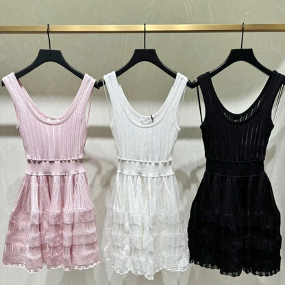 French socialite heavy industry hollowed out A-line vest skirt with waistband and slim knit strap dress
