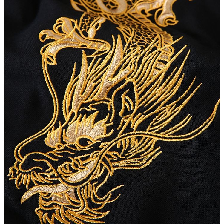 Autumn and winter trendy brand national trend retro yoke dragon embroidered hooded sweatshirt for men and girls for couples