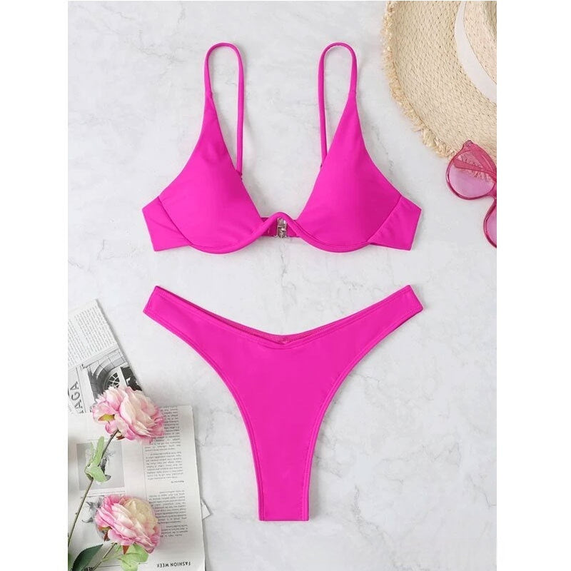 European And American Steel Bracket Solid Color Swimsuit