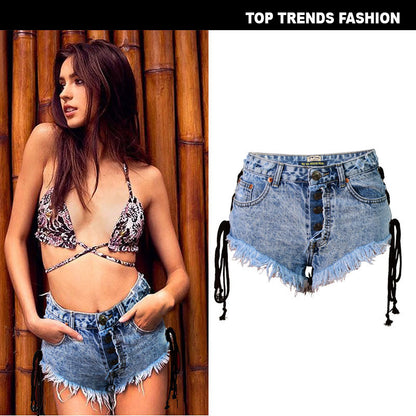 Women's Summer High Waist Breasted Frayed Double Side Lace Ladies Denim Shorts Hot Pants