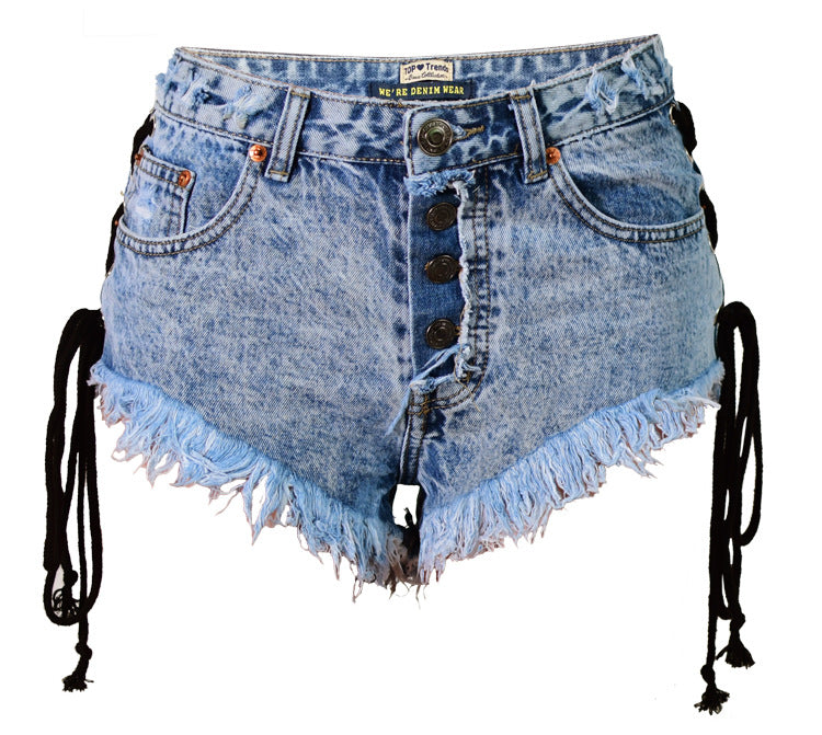 Women's Summer High Waist Breasted Frayed Double Side Lace Ladies Denim Shorts Hot Pants