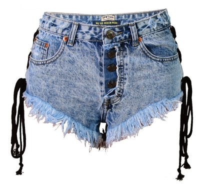 Women's Summer High Waist Breasted Frayed Double Side Lace Ladies Denim Shorts Hot Pants