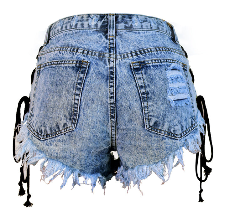 Women's Summer High Waist Breasted Frayed Double Side Lace Ladies Denim Shorts Hot Pants