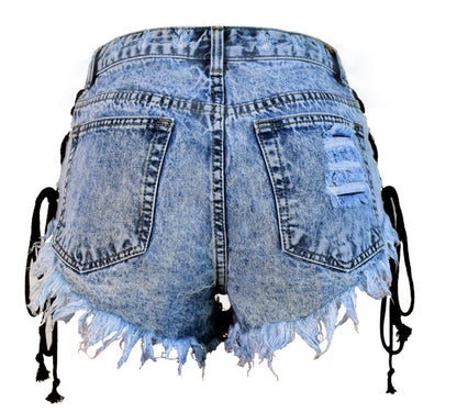 Women's Summer High Waist Breasted Frayed Double Side Lace Ladies Denim Shorts Hot Pants
