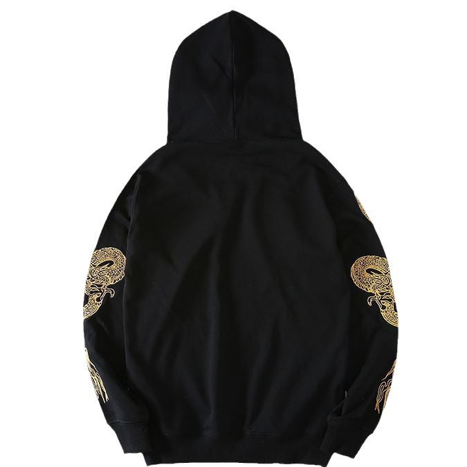Autumn and winter trendy brand national trend retro yoke dragon embroidered hooded sweatshirt for men and girls for couples