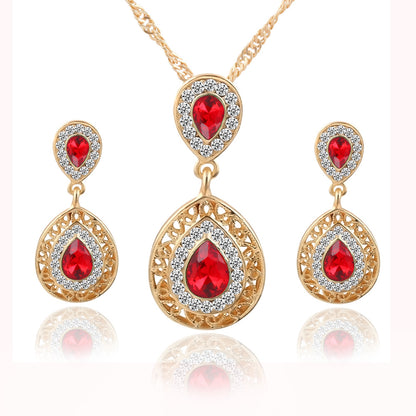 New Earrings Necklace Set Combination Crystal Earrings Water Drop Pendant Jewelry Three Piece Set
