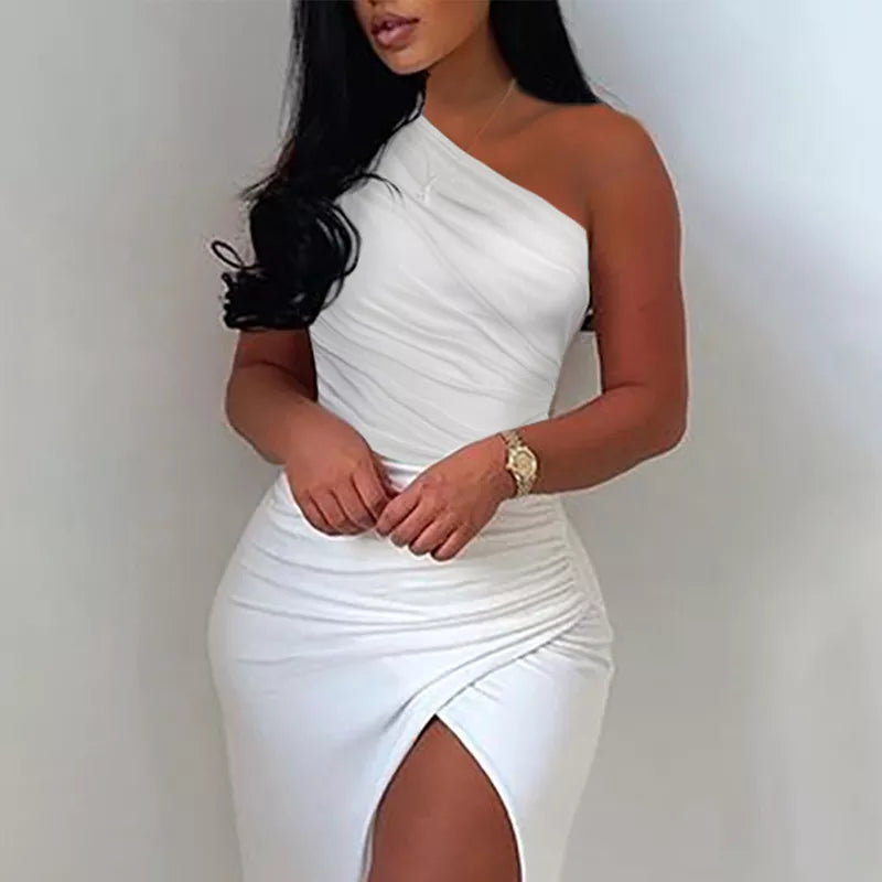 Summer Elegant Solid One Shoulder High Split Thigh Ruched Maxi Floor Dress White Sexy Corset Asymmetric Party Robes Female dan