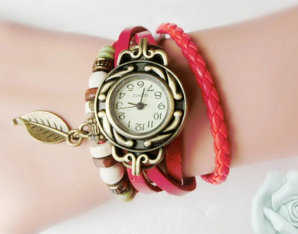 Multicolor High Quality Women Genuine Leather Vintage Quartz Dress Watch Bracelet Wristwatches leaf gift Christmas free shipping