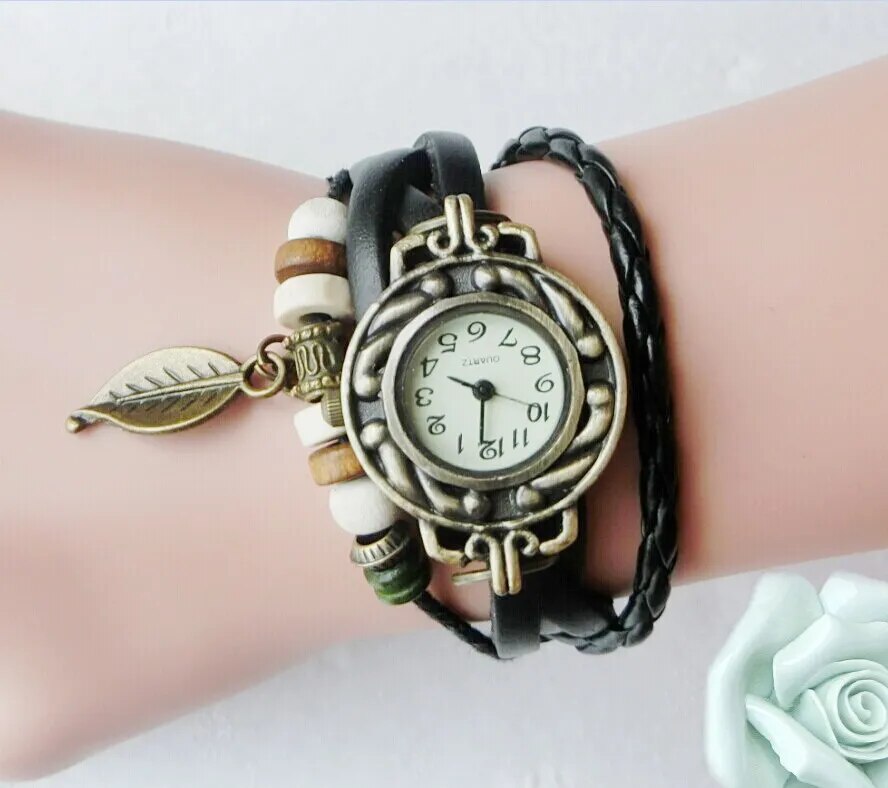 Multicolor High Quality Women Genuine Leather Vintage Quartz Dress Watch Bracelet Wristwatches leaf gift Christmas free shipping