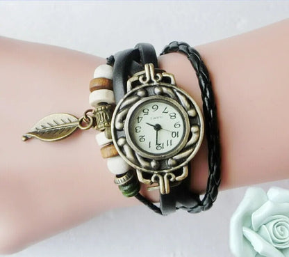 Multicolor High Quality Women Genuine Leather Vintage Quartz Dress Watch Bracelet Wristwatches leaf gift Christmas free shipping