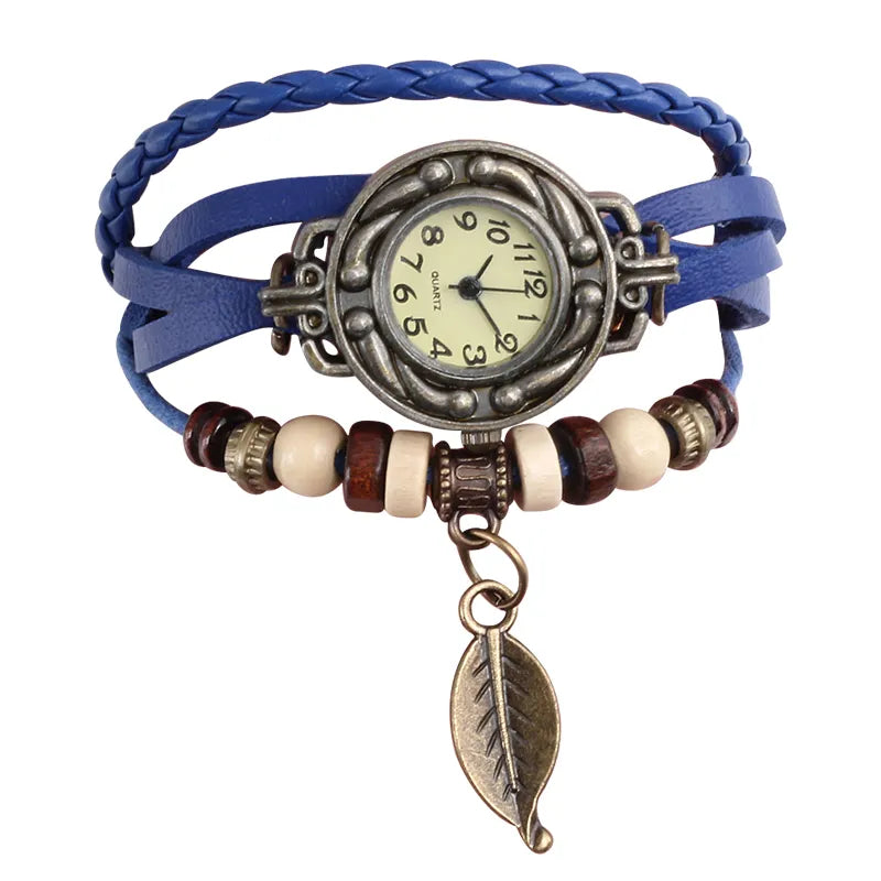 Multicolor High Quality Women Genuine Leather Vintage Quartz Dress Watch Bracelet Wristwatches leaf gift Christmas free shipping