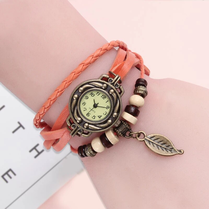 Multicolor High Quality Women Genuine Leather Vintage Quartz Dress Watch Bracelet Wristwatches leaf gift Christmas free shipping