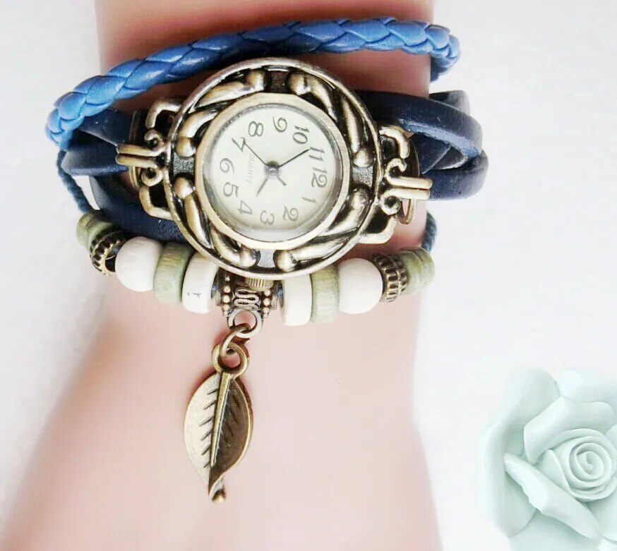 Multicolor High Quality Women Genuine Leather Vintage Quartz Dress Watch Bracelet Wristwatches leaf gift Christmas free shipping