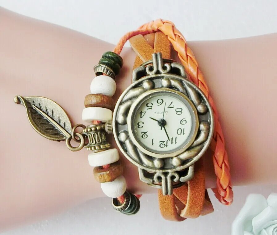 Multicolor High Quality Women Genuine Leather Vintage Quartz Dress Watch Bracelet Wristwatches leaf gift Christmas free shipping