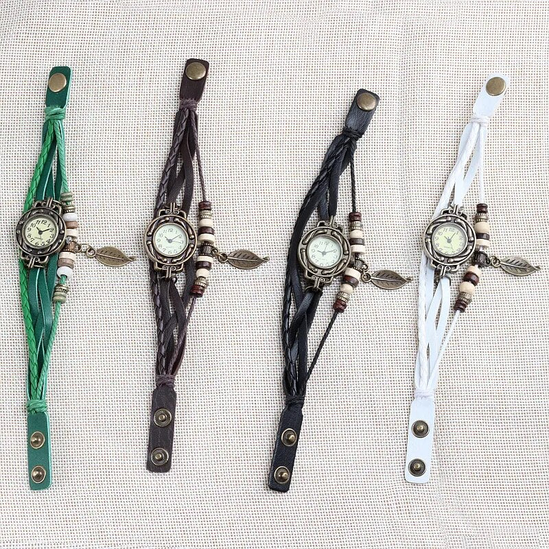 Multicolor High Quality Women Genuine Leather Vintage Quartz Dress Watch Bracelet Wristwatches leaf gift Christmas free shipping