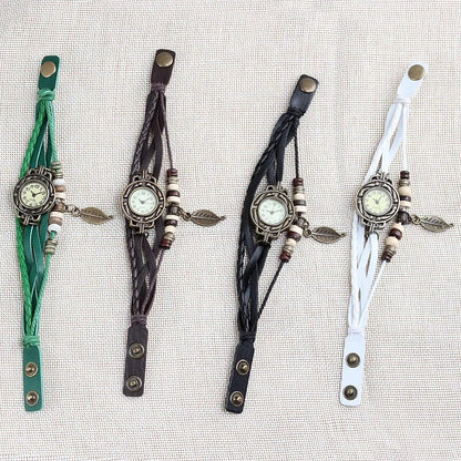 Multicolor High Quality Women Genuine Leather Vintage Quartz Dress Watch Bracelet Wristwatches leaf gift Christmas free shipping