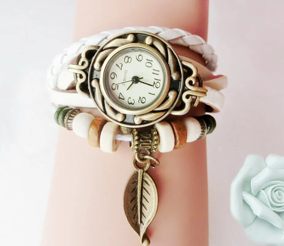 Multicolor High Quality Women Genuine Leather Vintage Quartz Dress Watch Bracelet Wristwatches leaf gift Christmas free shipping
