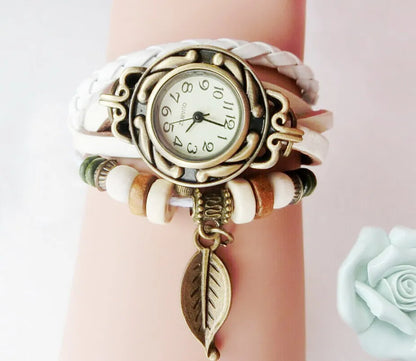 Multicolor High Quality Women Genuine Leather Vintage Quartz Dress Watch Bracelet Wristwatches leaf gift Christmas free shipping