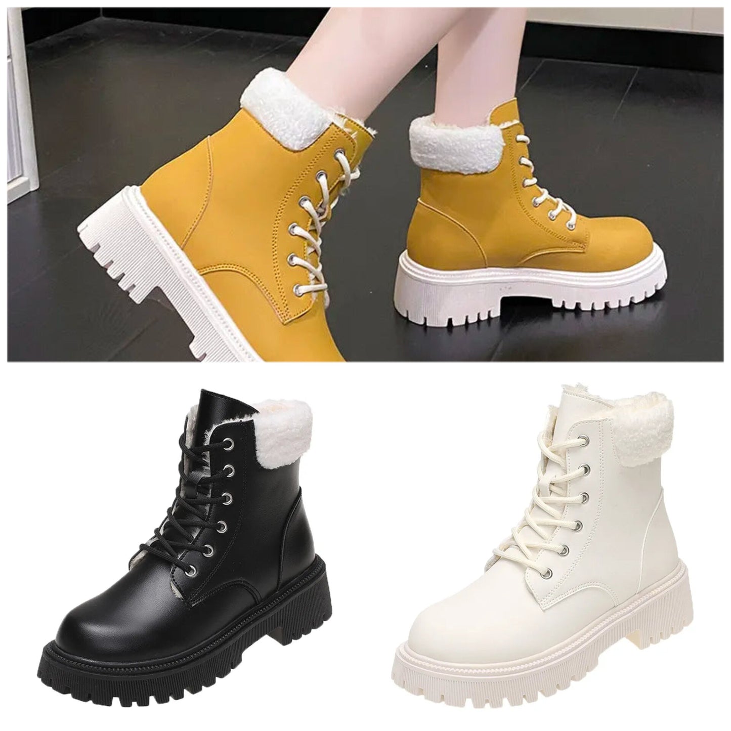 Ankle Boots for Women Lace-Up Waterproof Non-Slip Snow Boots Woman Pu Leather Warm kodez