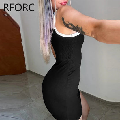 Women Fashion Solid Tank Sleeveless Round Neck Side Patch Casual Skinny Basic Mini Dress somè