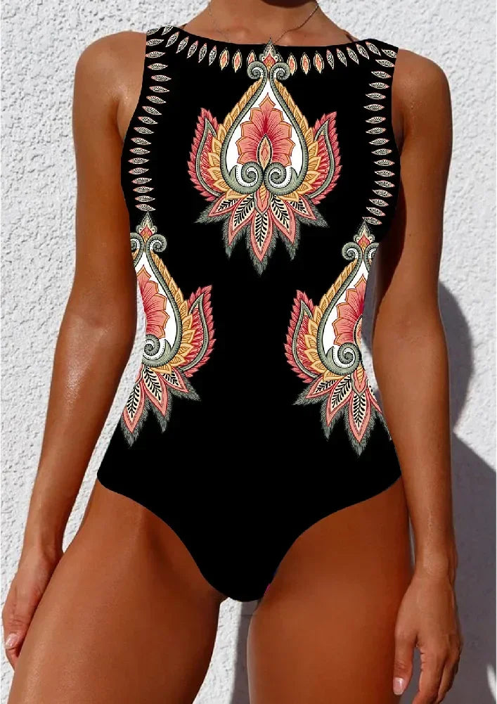 One-piece Swimsuit Classic Printed Lace Up Swimsuit Women's Push Up Flower One-piece Suit Beach Wear Bathing Suit Women somè