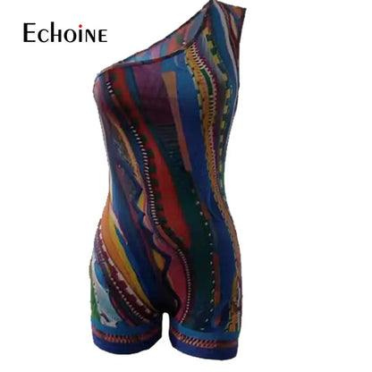 Womens sloping shoulders Multicolor Print Bodysuits One Shoulder Tribal Romper Summer Sleeveless Stretch Slim Jumpsuits somè