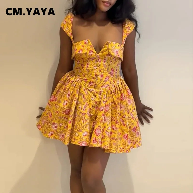 Women Sleeveless Floral Printed Big Swing Ball Gown Dress 2025 Summer Holiday Night Club Party Vestidos Sexy Dresses