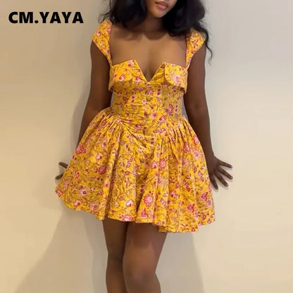 Women Sleeveless Floral Printed Big Swing Ball Gown Dress 2025 Summer Holiday Night Club Party Vestidos Sexy Dresses