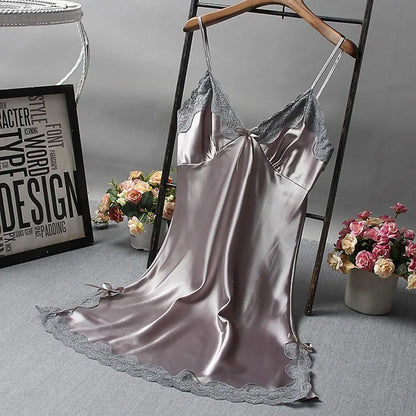 Women Nightdress Solid Color Satin V Neck Spaghetti Strap Backless Sleeveless Lace Patchwork Women Night Robe Women Garment freo