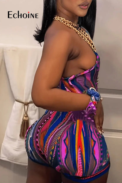 Womens sloping shoulders Multicolor Print Bodysuits One Shoulder Tribal Romper Summer Sleeveless Stretch Slim Jumpsuits somè