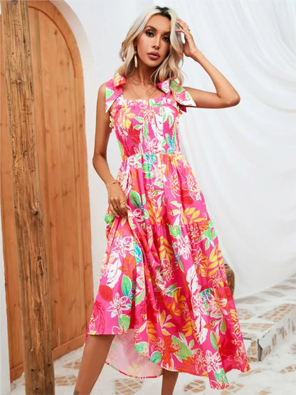 Summer Print Floral Women Dress Fashion Spaghetti Strap Elegant Casual Loose Long Dresses For Women New Holiday Party Dress somè