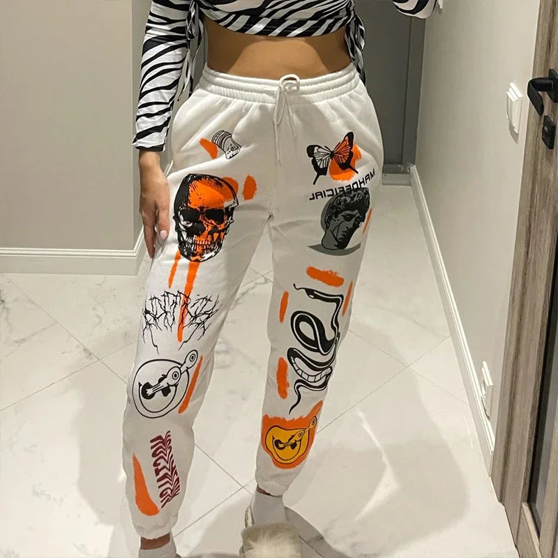 2024 Daily Women Sweatpants Joggers Y2K Harajuku Cartoon Skull Printed Streetwear Sweatpants Pants Casual High Waist Sweatpants