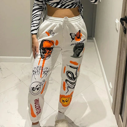 2024 Daily Women Sweatpants Joggers Y2K Harajuku Cartoon Skull Printed Streetwear Sweatpants Pants Casual High Waist Sweatpants