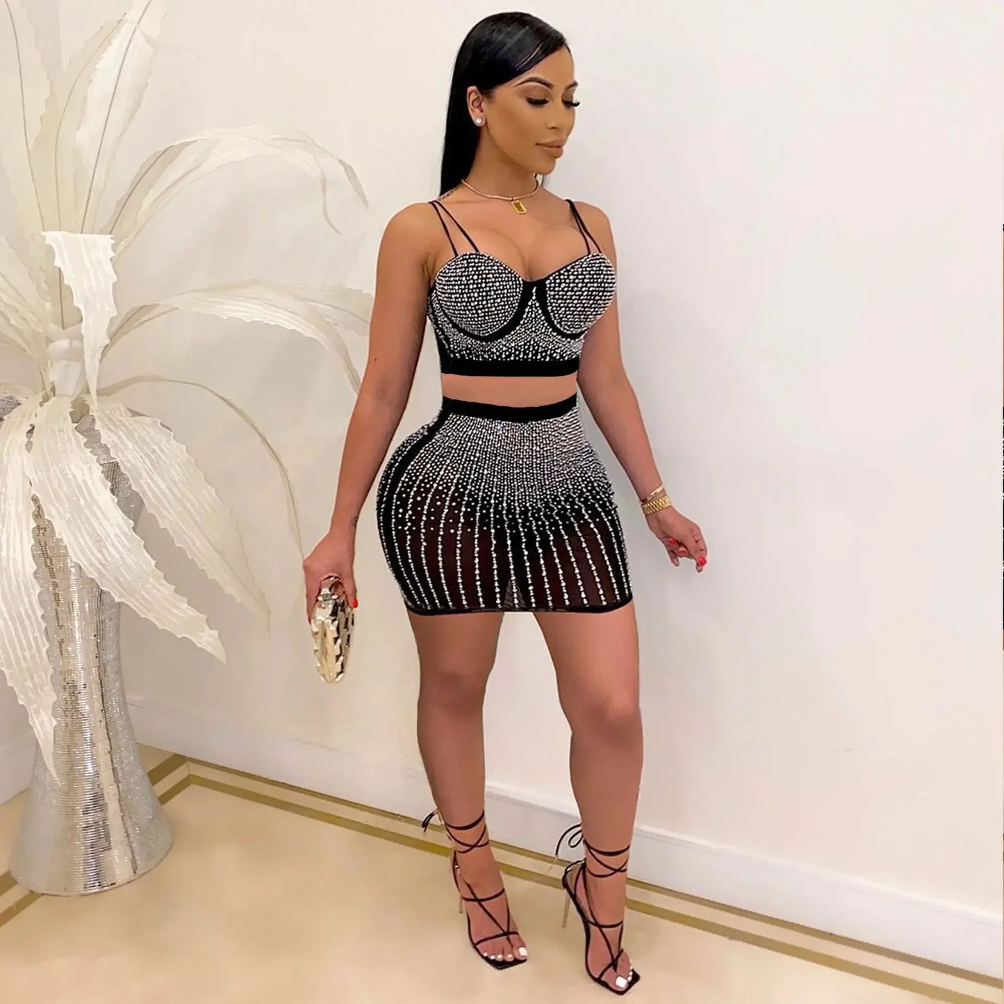 Diamonds Hot Rhinestones Elegant Women's Set Crop Top And Midi Mini Skirts Suit Sexy Club Outfits Two 2 Piece Set kpy