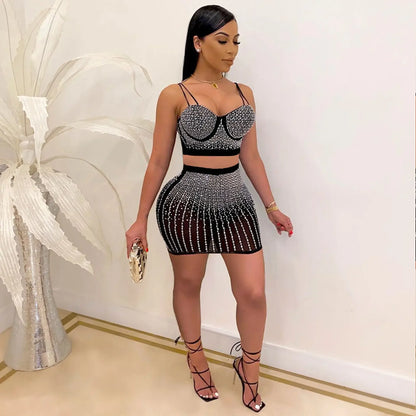 Diamonds Hot Rhinestones Elegant Women's Set Crop Top And Midi Mini Skirts Suit Sexy Club Outfits Two 2 Piece Set kpy